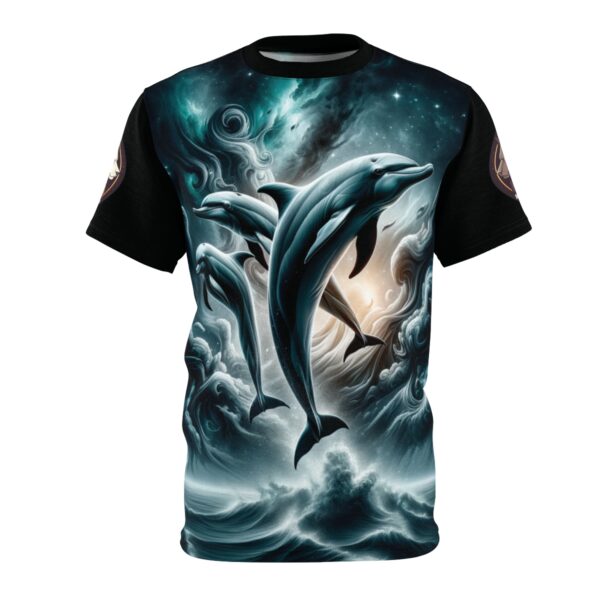 Dolphins Jumping WD-D007 By Wyldesigns Unisex Cut & Sew Tee (AOP) - Image 2